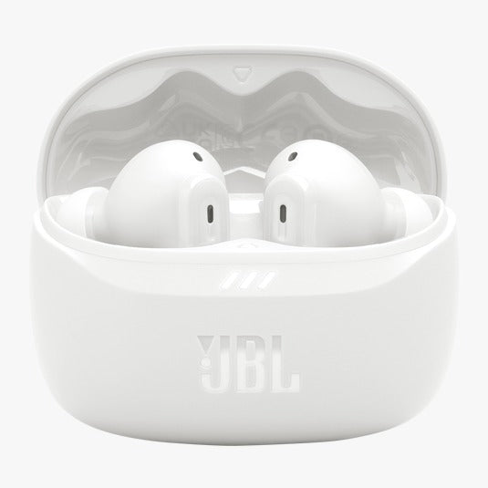White wireless earbuds in a JBL case on a white background