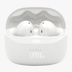 White wireless earbuds in a JBL case on a white background