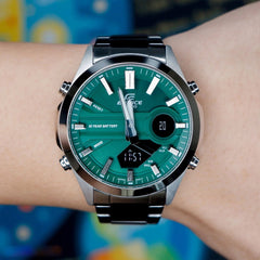 CASIO Edifice EFV-C120D-3ADF Men’s Analog-Digital Watch – Green Dial, 10-Year Battery, World Time, 100m Water Resistant, Stainless Steel