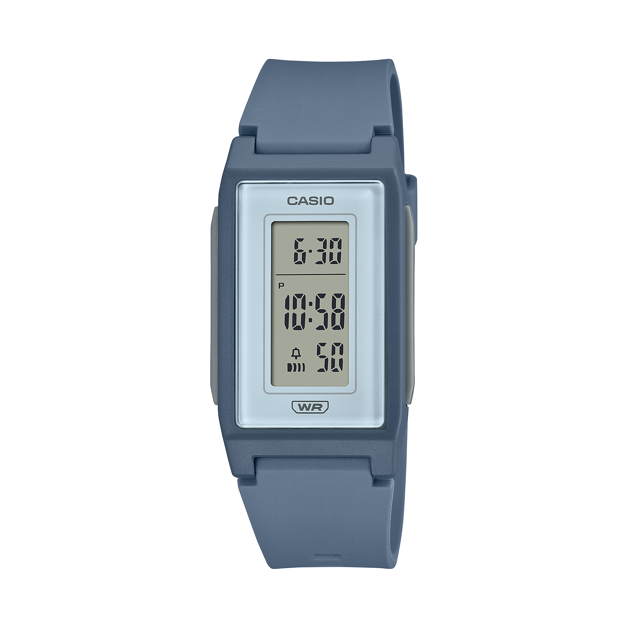 Digital watch with blue strap on a white background
