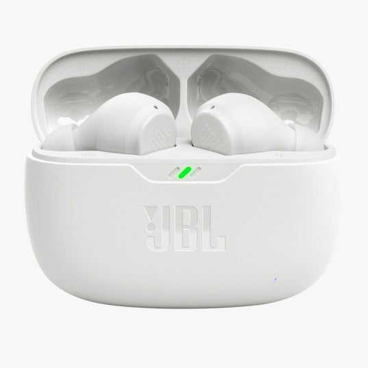 White JBL wireless earbuds in a charging case on a white background