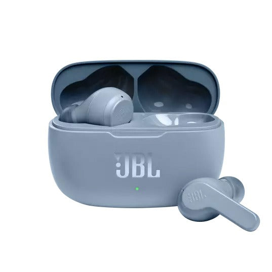 Blue JBL wireless earbuds with charging case on a white background