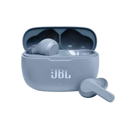 Blue JBL wireless earbuds with charging case on a white background