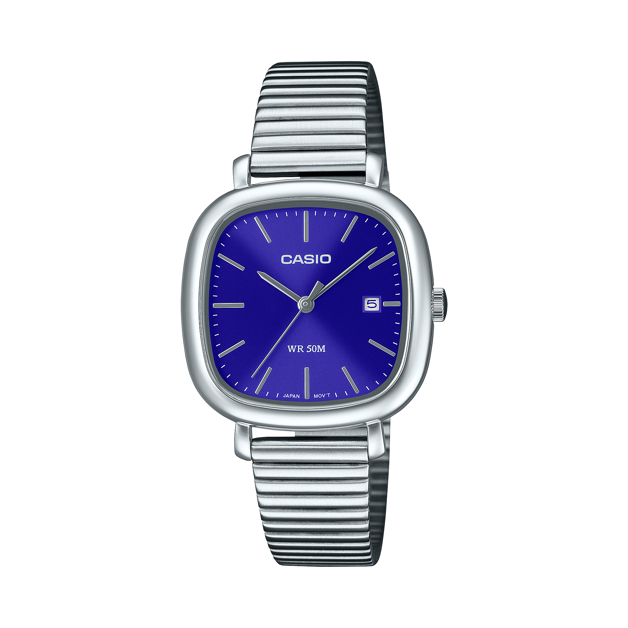 Casio watch with blue face and silver band on a white background