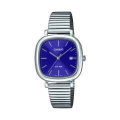 Casio watch with blue face and silver band on a white background