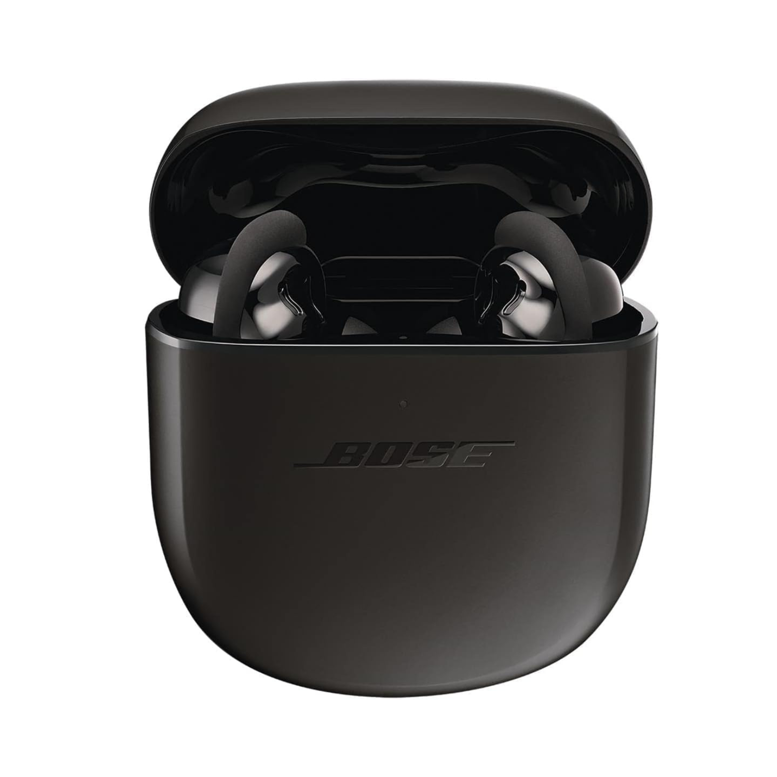Black Bose wireless earbuds in charging case on a white background