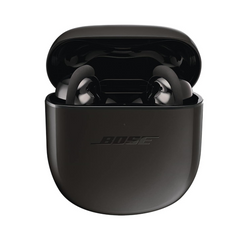 Black Bose wireless earbuds in charging case on a white background