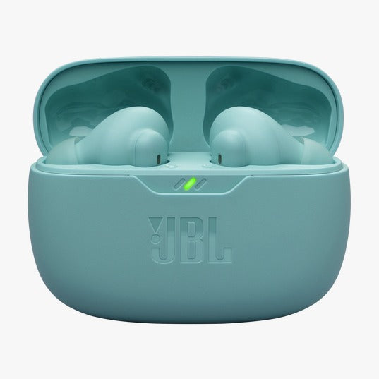 Teal JBL wireless earbuds in charging case on a white background