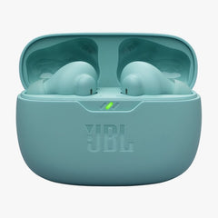Teal JBL wireless earbuds in charging case on a white background