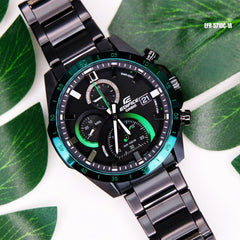 Casio Edifice EFR‑571DC‑1AVUDF Men’s Chronograph Watch — Black Ion Plated, Green Bezel, 100M Water Resistant, Retrograde Dial