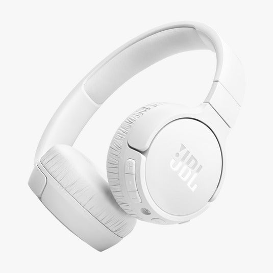 White headphones with JBL logo on a light gray background