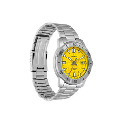 Casio MTP‑VD01D‑9EVUDF Men’s Analog Watch – Yellow Dial, Stainless Steel, 50 m Water Resistant, Date Display
