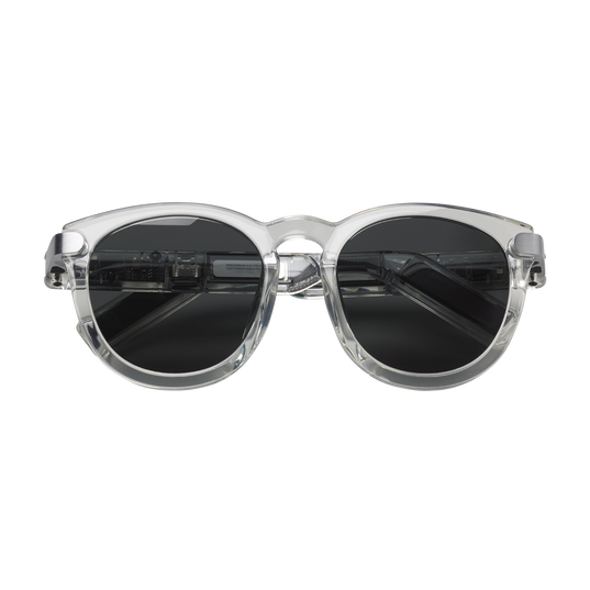 Clear frame sunglasses with black lenses on a white background