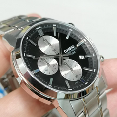 CASIO MTP‑E510D‑1A2VDF Men’s Chronograph Watch – Black & Green Dial, Stainless Steel, 50 m Water Resistance
