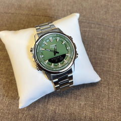 CASIO AMW-880D-3AVDF Men’s Analog-Digital Watch – Stainless Steel Band, Green Dial, World Time, LED Light, Stopwatch, Water Resistant Sports Design