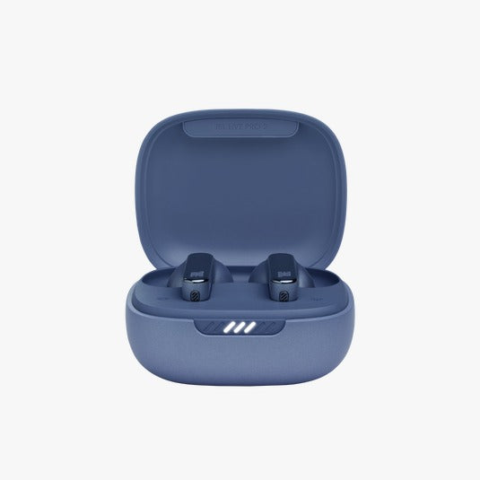 Blue wireless earbuds in an open case on a white background