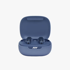Blue wireless earbuds in an open case on a white background