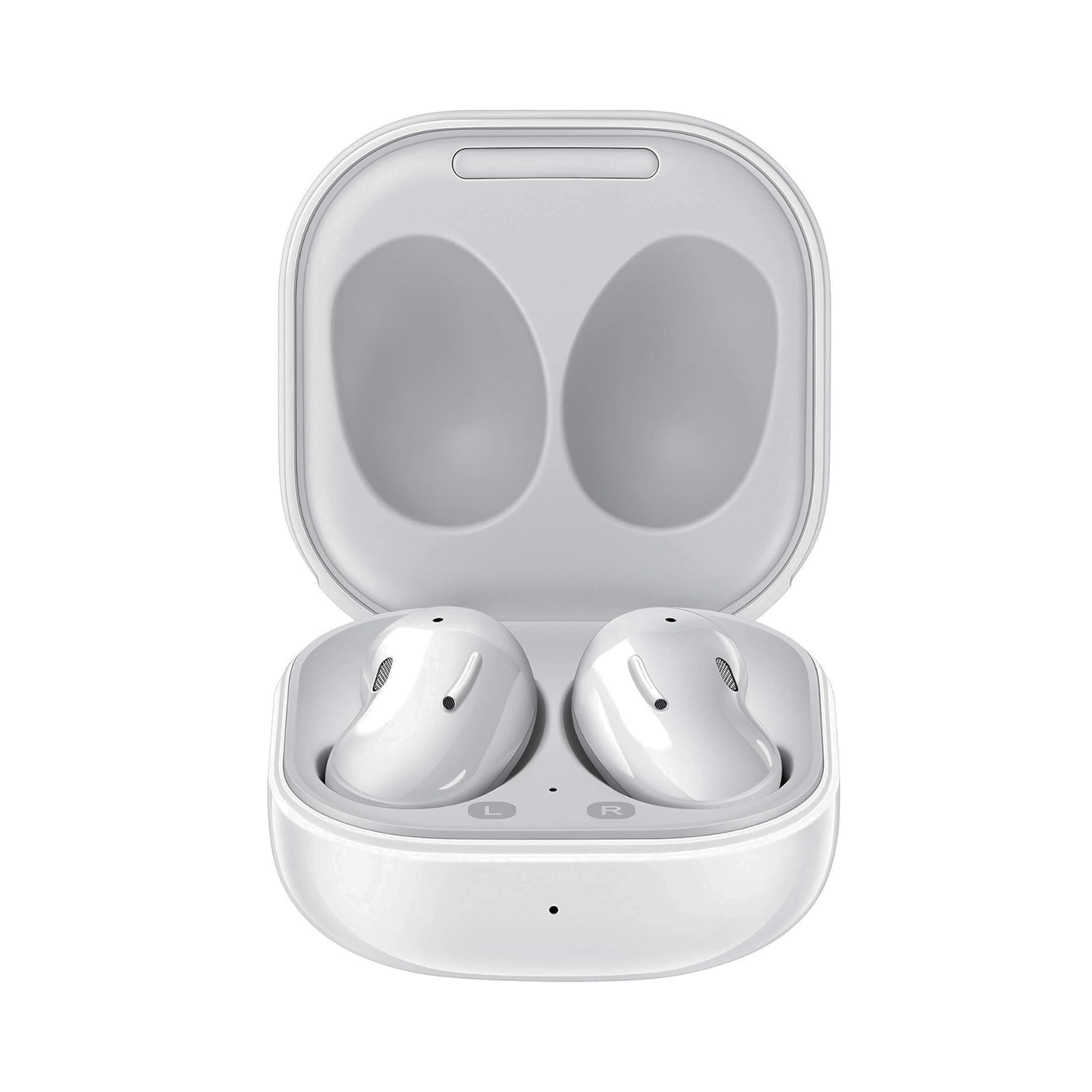 White wireless earbuds in a matching charging case on a white background