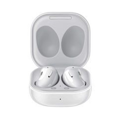 White wireless earbuds in a matching charging case on a white background