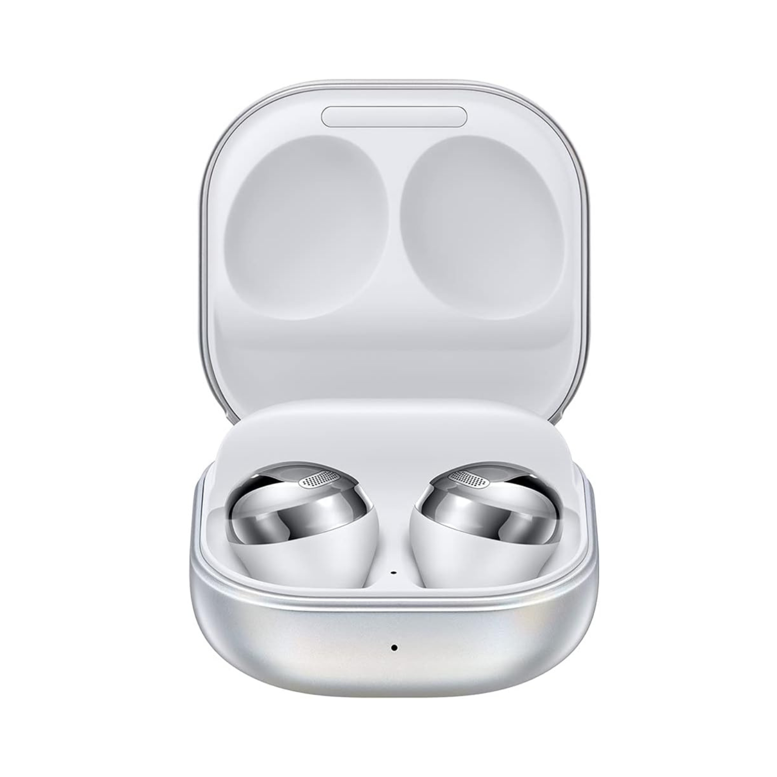 Wireless earbuds in a white charging case on a white background