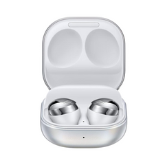 Wireless earbuds in a white charging case on a white background