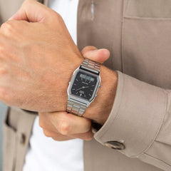 CASIO AQ-230A-1DHDF Vintage Digital-Analog Watch – Classic Silver Stainless Steel, Dual Time, Alarm, Stopwatch, Retro 80s Design, Water Resistant