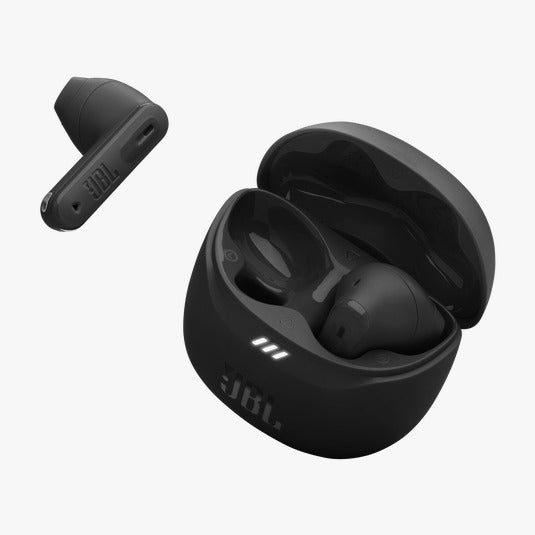 Black JBL wireless earbuds with charging case on a white background