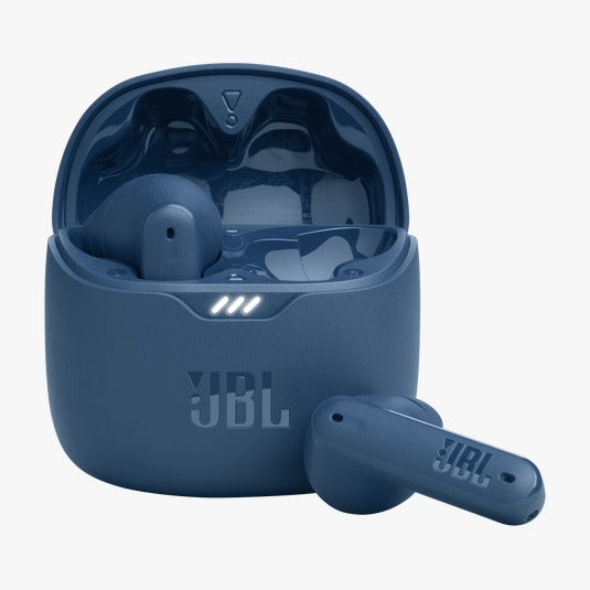 Blue JBL wireless earbuds with charging case on a white background