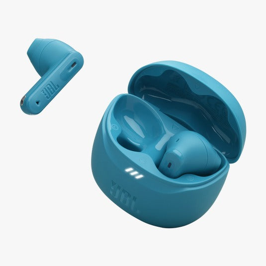 Blue wireless earbuds with charging case on a white background