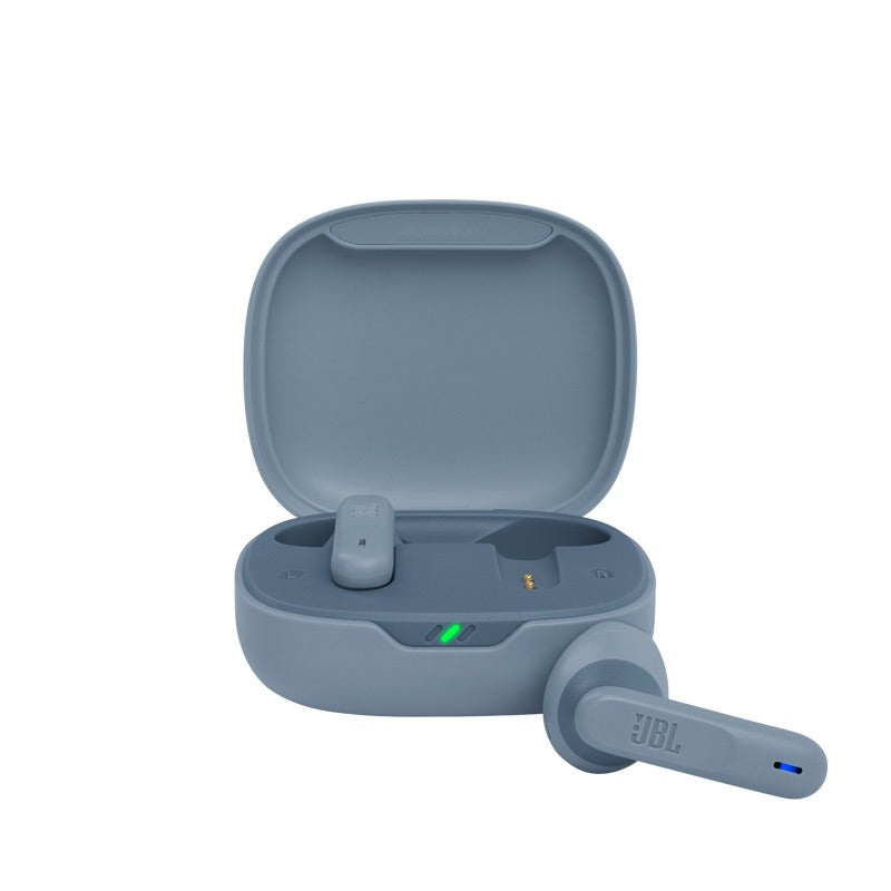 Blue wireless earbuds with charging case on a white background