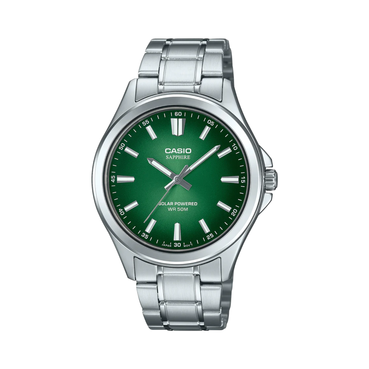 Casio watch with green dial and silver metal strap on a white background