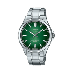 Casio watch with green dial and silver metal strap on a white background
