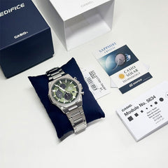 CASIO EDIFICE EFS-S570D-3AUDF Solar Powered Chronograph Watch for Men with Stainless Steel Band and Green Dial Silver