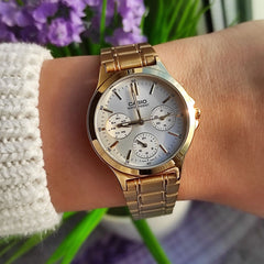 CASIO LTP-V300G-7AUDF Women’s Analog Watch – Gold Stainless Steel, White Dial, Multi-Dial Design, Quartz Movement, Water Resistant, Elegant Classic Watch