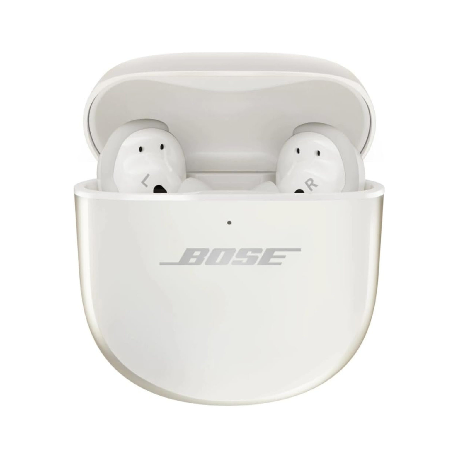 Bose wireless earbuds in a white charging case on a white background