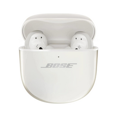 Bose wireless earbuds in a white charging case on a white background