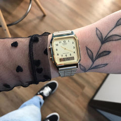 CASIO AQ-230GA-9BMQ Vintage Watch – Classic Analog-Digital, Retro Design with Gold and Black Accents