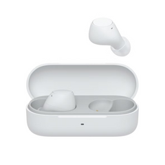 White wireless earbuds with charging case on a white background