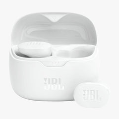 White JBL wireless earbuds in charging case on a white background