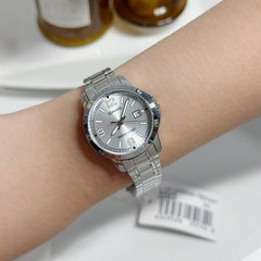 CASIO LTP‑V004D‑7B2UDF Women’s Analog Watch – Sleek Silver Dial, Stainless Steel Band, Date Display, Water Resistant