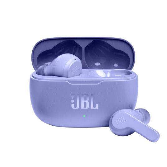 Purple JBL wireless earbuds with charging case on a white background