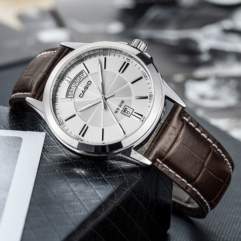 CASIO MTP-1381L Men's Analog Watch – Leather Band, Roman Dial, Day-Date Display, Classic Quartz Dress Watch - THE HAPPY BUY