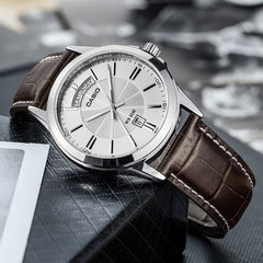 CASIO MTP-1381L Men's Analog Watch – Leather Band, Roman Dial, Day-Date Display, Classic Quartz Dress Watch - THE HAPPY BUY