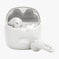 White JBL wireless earbuds with charging case on a white background