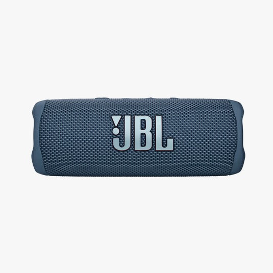 Blue JBL portable speaker on a white background