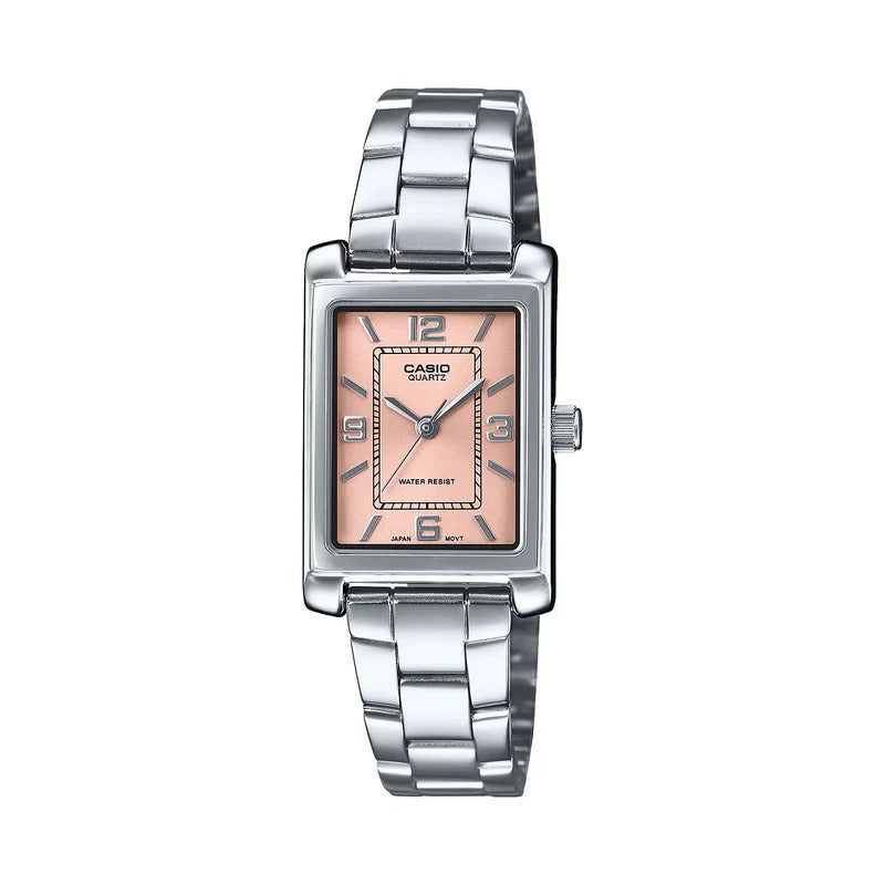 Casio watch with silver bracelet and pink face on a white background