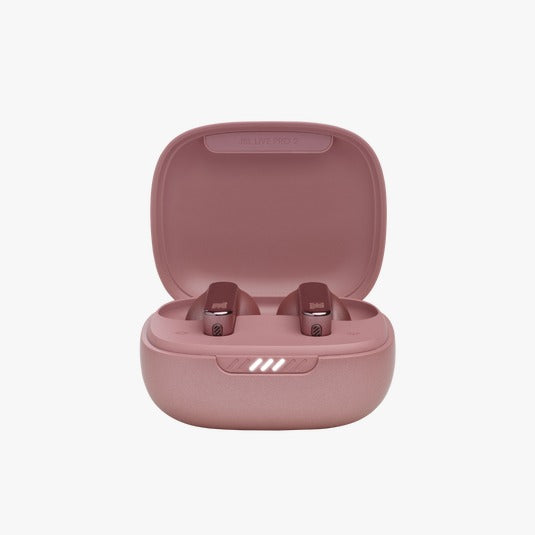 Pink wireless earbuds in a matching case on a white background