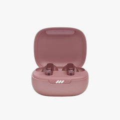 Pink wireless earbuds in a matching case on a white background