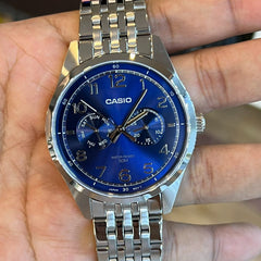 CASIO MTP‑E340D‑2AVDF Men’s Analog Watch – Blue Dial, Stainless Steel Bracelet, Day & Date Display, 50 m Water Resistance