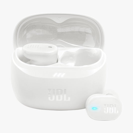 White JBL wireless earbuds with charging case on a white background